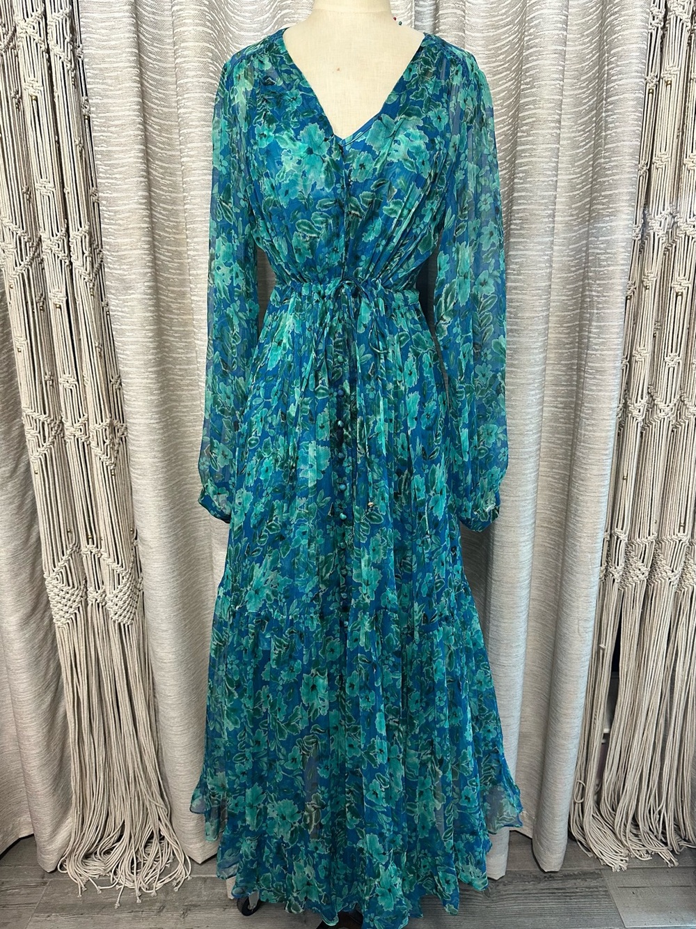 Johnny Was JWLA 100% Silk Blue Floral Maxi Dress w Slip Size M Boho Romantic
